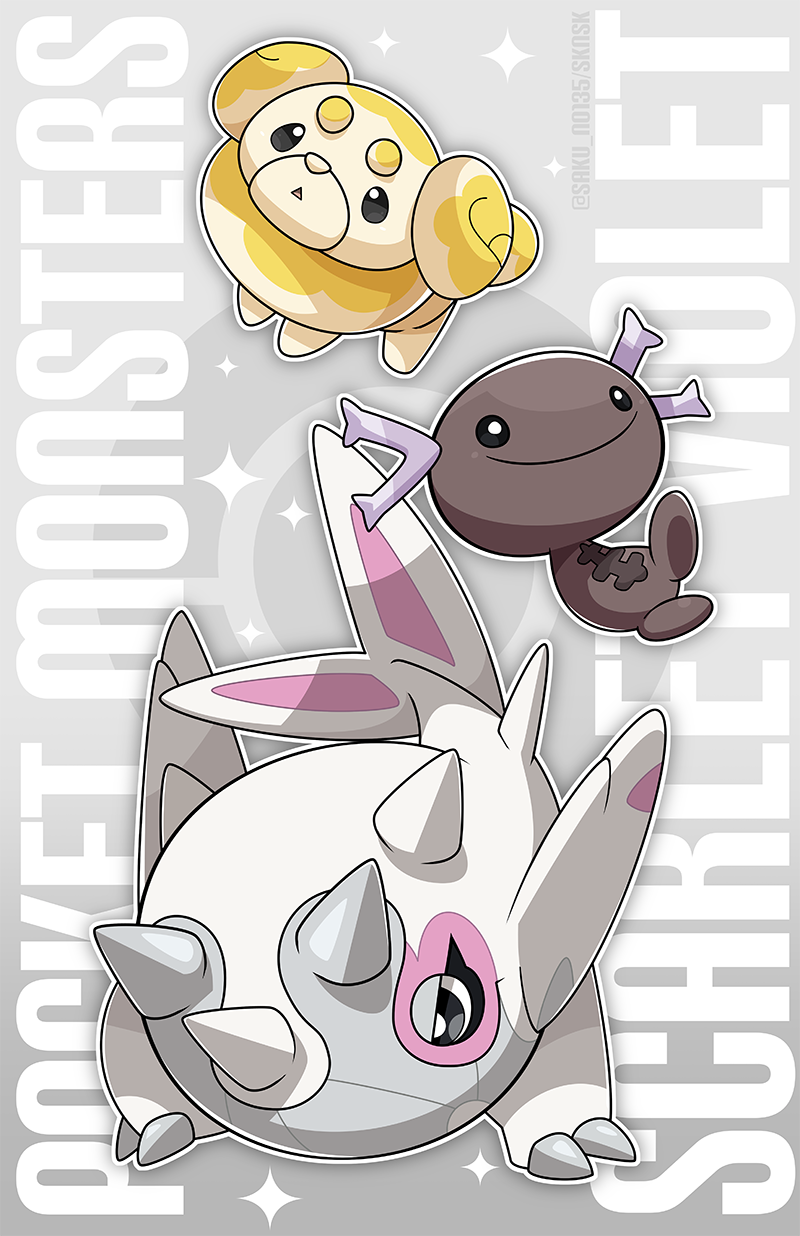 kumano sakunosuke, cetitan, fidough, paldean wooper, nintendo, pokemon, pokemon sv, commentary request, highres, black eyes, bright pupils, claws, copyright name, full body, grey background, no humans, pokemon (creature), smile, sparkle, triangle mouth, white pupils