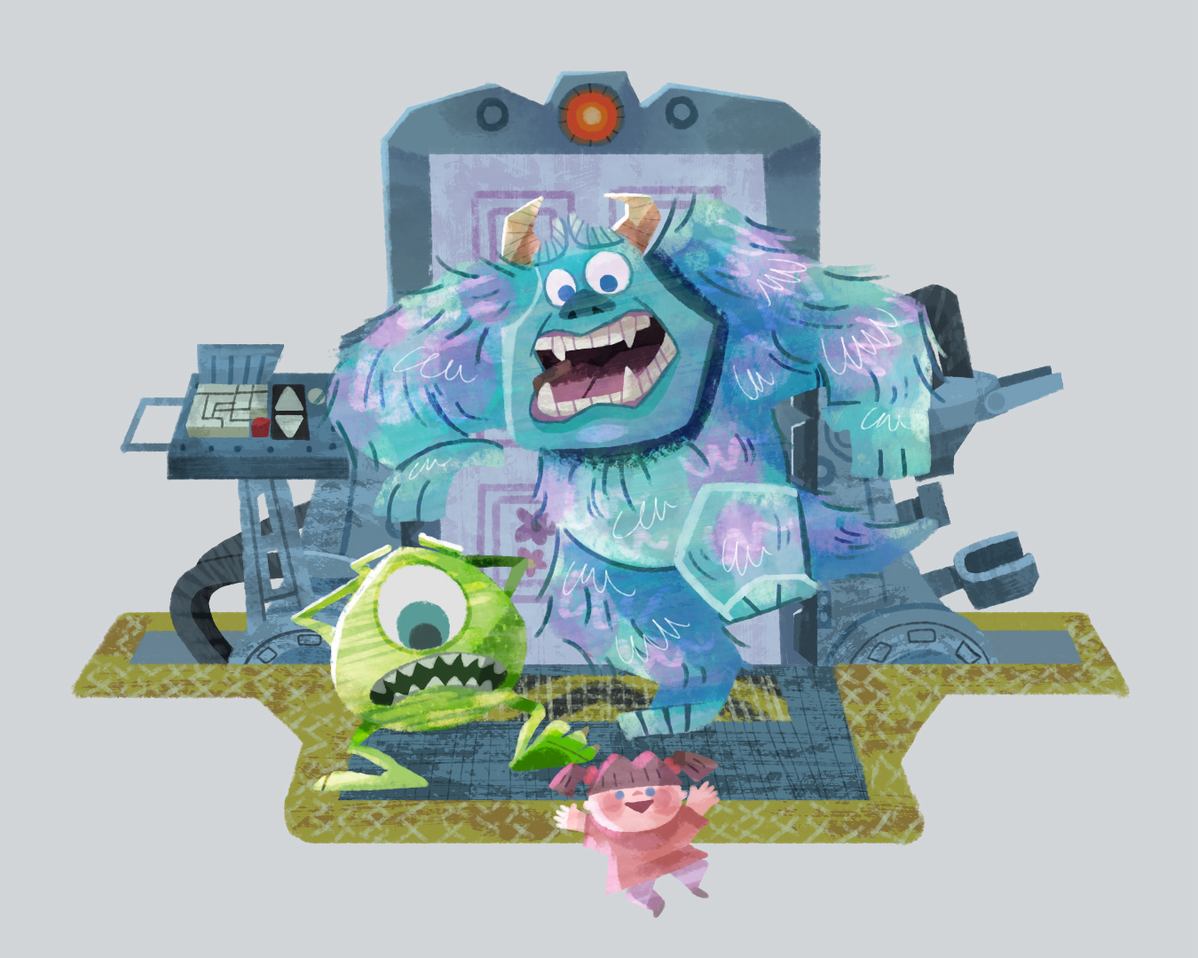 naco oekaki, boo (monsters inc.), james p. sullivan, mike wazowski, monsters inc., commentary request, 2boys, door, horns, humanization, male focus, monster boy, multiple boys, one-eyed, open mouth, reptile boy, sharp teeth, short hair, smile, teeth