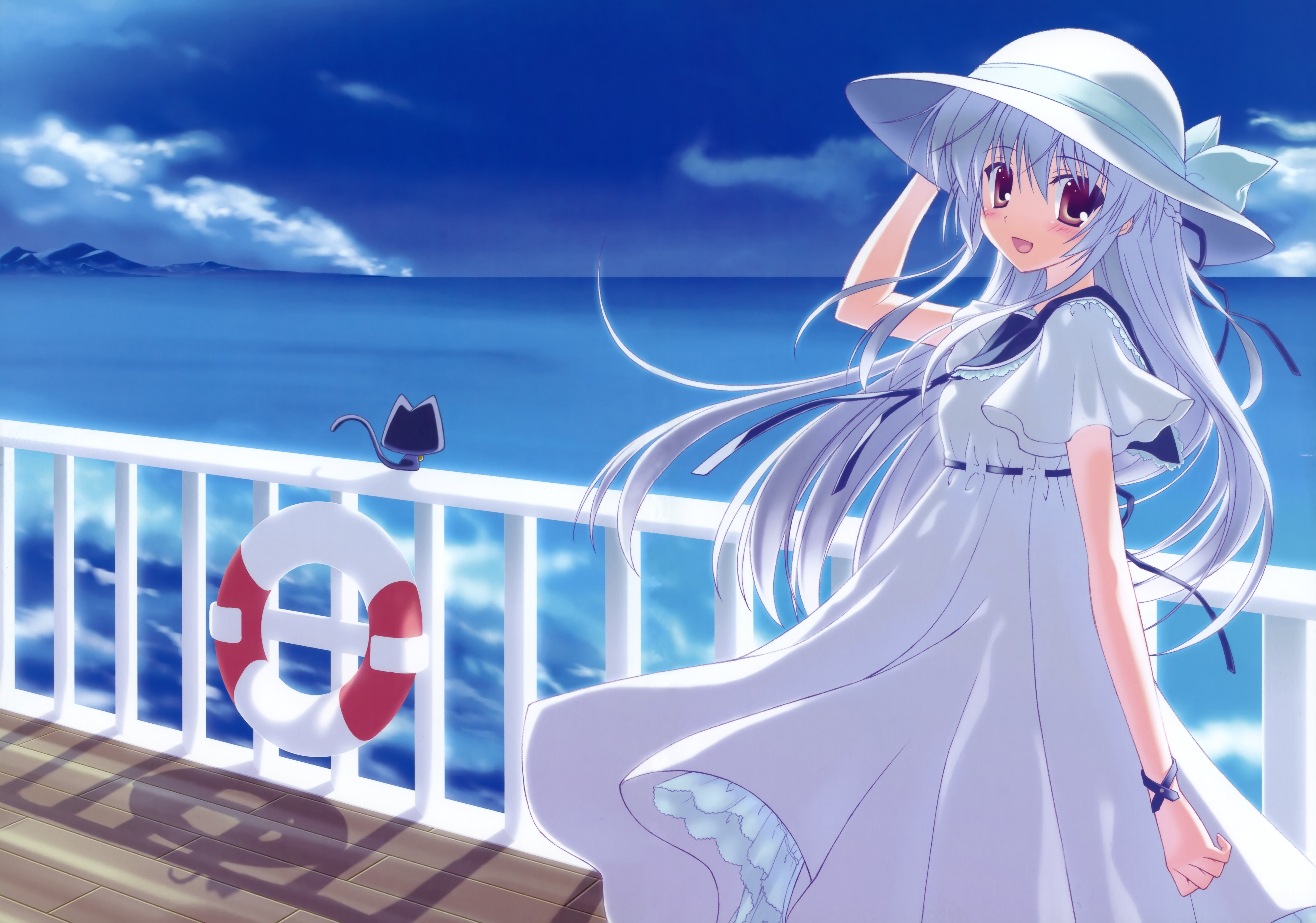 nanao naru, absurdres, highres, 1girl, blue hair, braid, cat, cloud, day, dress, female focus, hat, lifebuoy, long hair, mountain, open mouth, railing, ribbon-trimmed clothes, ribbon trim, sky, smile, solo, sun hat, sundress, swim ring, water