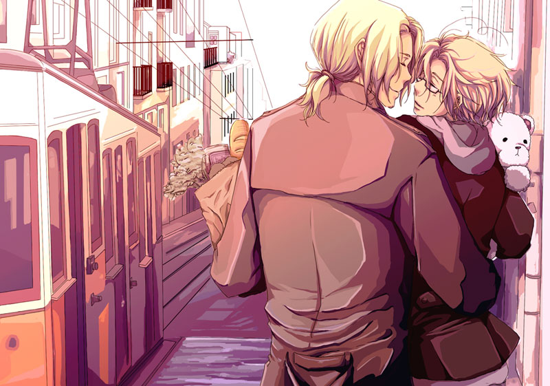 midoriyama (amai rodim), canada (hetalia), france (hetalia), axis powers hetalia, clothes, bad id, bad pixiv id, 2boys, ahoge, blonde hair, bread, closed eyes, couple, food, glasses, hug, imminent kiss, male focus, multiple boys, outdoors, ponytail, rku, short hair, smile, stuffed animal, stuffed toy, teddy bear, yaoi
