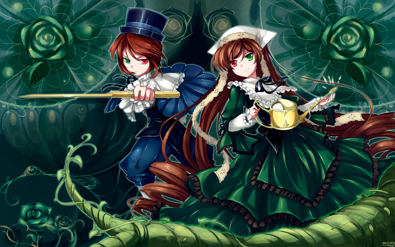mtyy, souseiseki, suiseiseki, rozen maiden, 00s, 2girls, brown hair, dress, hat, headscarf, heterochromia, long hair, multiple girls, scissors, shears, short hair, siblings, sisters, twins, very long hair, watering can, white headscarf