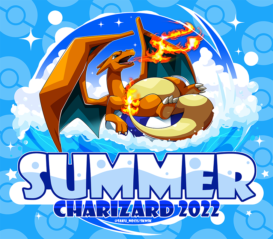 kumano sakunosuke, charizard, nintendo, pokemon, commentary request, ball, beachball, blue background, blue eyes, breath weapon, breathing fire, character name, claws, english text, fire, flame-tipped tail, full body, gen 1 pokemon, no humans, open mouth, pokemon (creature), solo, tail