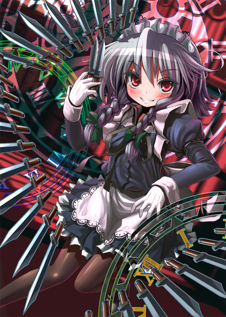 patorishia, izayoi sakuya, embodiment of scarlet devil, team shanghai alice, touhou, silver hair, 1girl, braid, danmaku, female focus, knife, maid, pantyhose, short hair, smirk, solo, throwing knife, twin braids, weapon