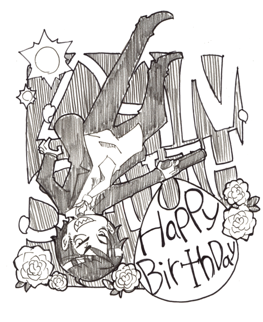 yaguchi, dan smith, killer7, traditional media, 1boy, english text, flower, full body, greyscale, male focus, monochrome, plant, solo, white background