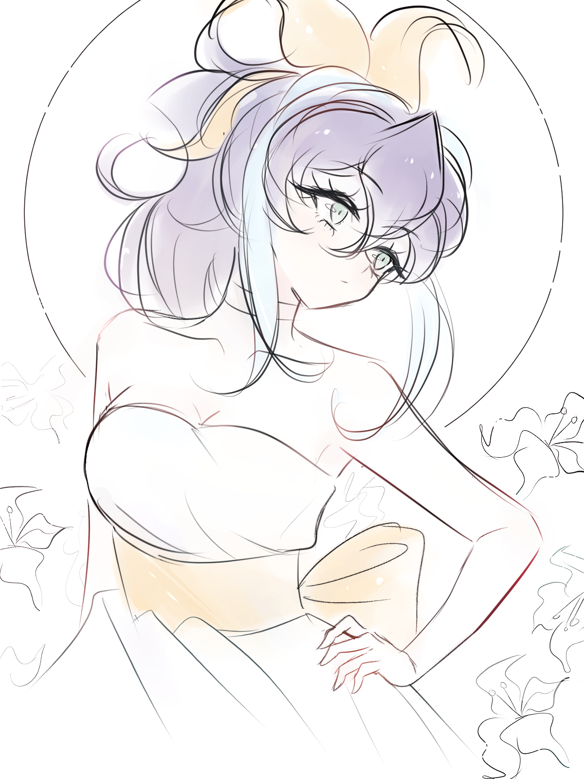 toraawa64, serena (yu-gi-oh!), yu-gi-oh!, yu-gi-oh! arc-v, commentary request, highres, bare shoulders, bow, breasts, closed mouth, collarbone, dress, eyelashes, flower, hair between eyes, hair bow, hand on own hip, looking to the side, medium breasts, ponytail, purple hair, sketch, strapless, strapless dress, white dress