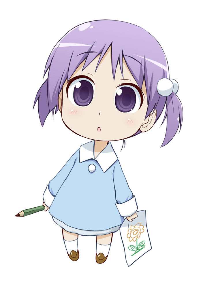 bakutendou, hoppeke-tan, original, bad id, bad pixiv id, 1girl, brown shoes, chibi, child, female focus, hair bobbles, hair ornament, kindergarten, kindergarten uniform, paper, pencil, purple eyes, purple hair, school uniform, shoes, short hair, short twintails, simple background, socks, solo, twintails, white background