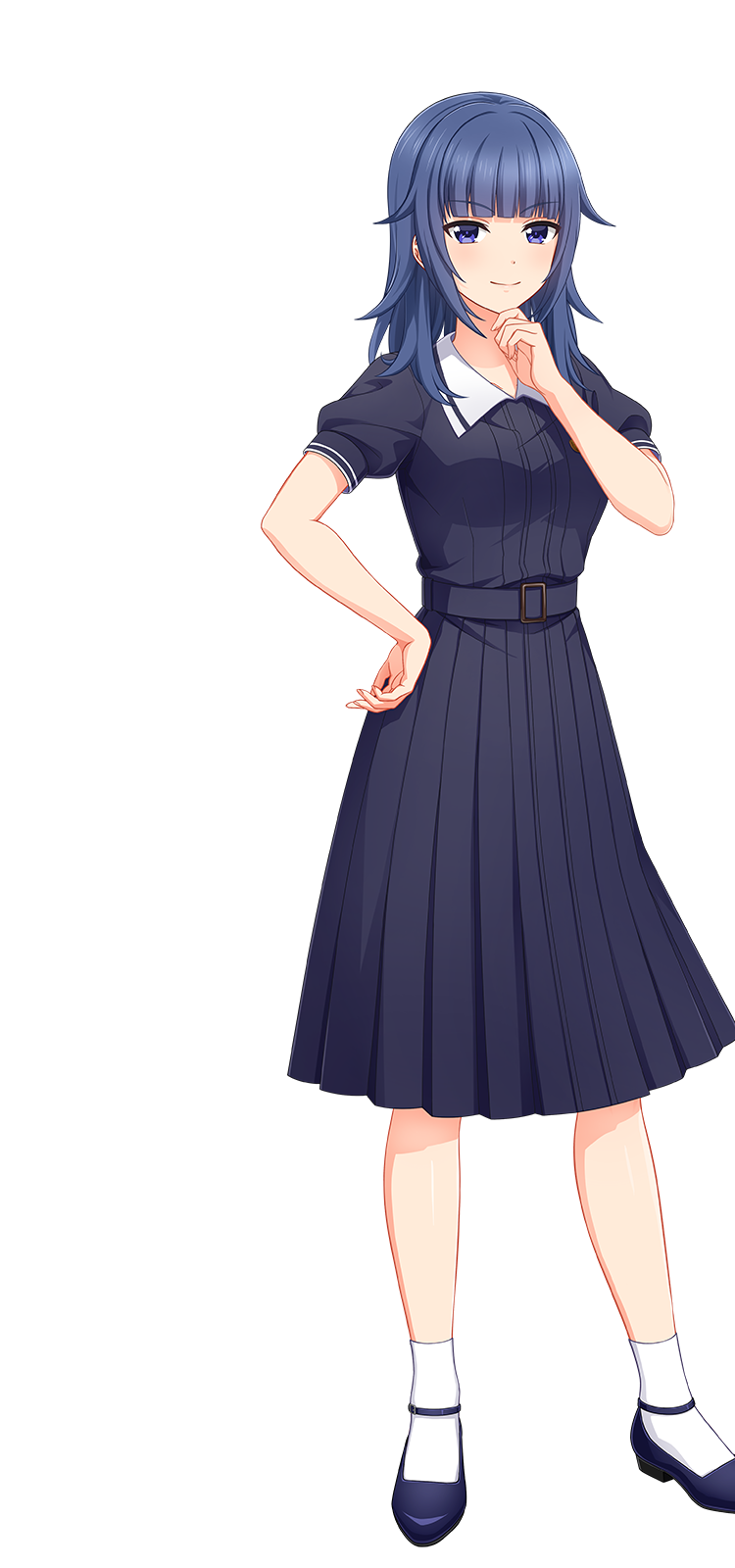 cinderella series, hachigatsu no cinderella nine, artist request, highres, official art, 1girl, belt, black belt, black shirt, black skirt, blue hair, blue shoes, closed mouth, hand on own chin, hand on own hip, looking at viewer, medium hair, purple eyes, sagara yoshino, sailor collar, school uniform, shirt, shoes, short sleeves, skirt, socks, solo, transparent background, white sailor collar, white socks