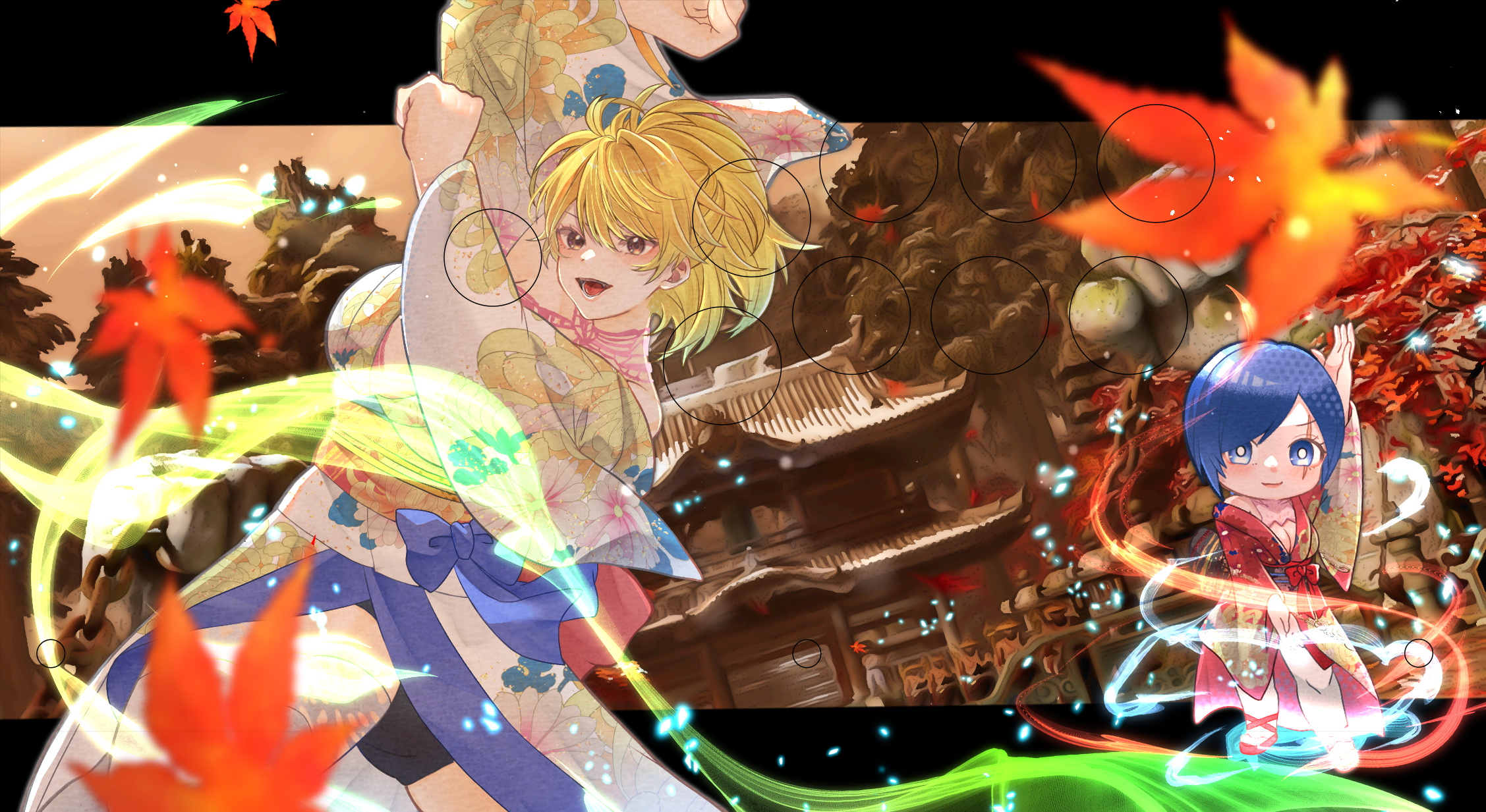 kotomine hisui, kazama asuka, lidia sobieska, tekken, tekken 8, commentary request, highres, 2girls, arms up, blonde hair, blue bow, blue eyes, blue hair, bow, breasts, bright pupils, cleavage, dancing, leaf, magic, maple leaf, multiple girls, ponytail, short hair, shrine, white pupils, wide sleeves