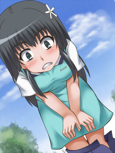 awa, saten ruiko, toaru kagaku no railgun, toaru majutsu no index, apron, bent over, black hair, blush, clothes pull, flower, green eyes, hair flower, hair ornament, school uniform, serafuku, skirt, skirt pull, solo, wardrobe malfunction