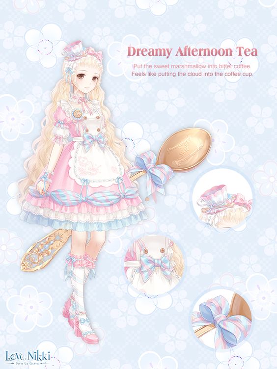 miracle nikki, nikki (series), artist request, official art, third-party source, 1girl, ankle bow, ankle ribbon, apron, badge, blonde hair, blue background, blue bow, bow, bow apron, bow choker, bow legwear, bowtie, brown eyes, buttons, character name, choker, close-up, closed mouth, collarbone, copyright logo, cup, detached sleeves, dot nose, dreamy afternoon tea (miracle nikki), dress, english text, eyelashes, floral background, forehead, frilled apron, frilled choker, frilled dress, frilled footwear, frilled hairband, frilled sleeves, frilled socks, frilled wrist cuffs, frills, full body, hair bow, hair ornament, hairband, happy, high heels, holding, holding spoon, kneehighs, knees, light blush, logo, lolita fashion, lolita hairband, long hair, low twintails, medium dress, oversized object, pink bow, pink bowtie, pink choker, pink dress, pink shoes, pink wrist cuffs, puffy short sleeves, puffy sleeves, pumps, ribbon, ribbon-trimmed hairband, saucer, shoes, short sleeves, sleeve bow, smile, socks, solo, spoon, square neckline, standing, striped bow, striped clothes, striped socks, sweet lolita, tareme, teacup, twintails, very long hair, waist bow, wavy hair, white apron, white hairband, white sleeves, white socks, wrist bow, wrist cuffs