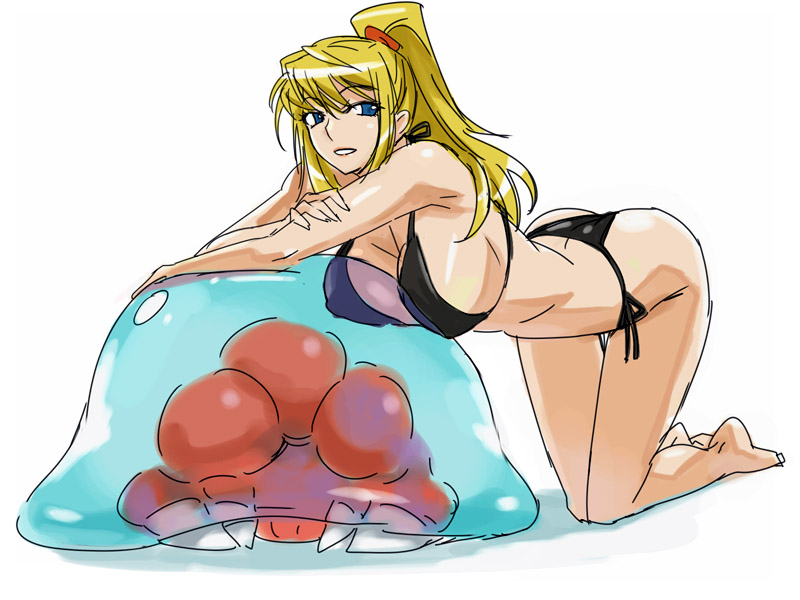 michael f91, metroid (creature), metroid larva, samus aran, metroid, nintendo, 1girl, alien, ass, between breasts, bikini, black bikini, blonde hair, blue eyes, breast press, breasts, butt crack, face between breasts, fang, head between breasts, large breasts, ponytail, side-tie bikini bottom, swimsuit