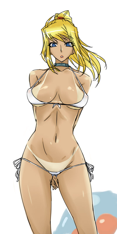michael f91, metroid (creature), metroid larva, samus aran, metroid, nintendo, 1girl, arms behind back, bikini, bikini tan, blonde hair, blue eyes, breasts, breasts apart, choker, cowboy shot, female focus, front-tie top, large breasts, looking at viewer, lowleg, lowleg bikini, navel, parted lips, ponytail, side-tie bikini bottom, simple background, solo, string bikini, swimsuit, tan, tanline, white background, white bikini