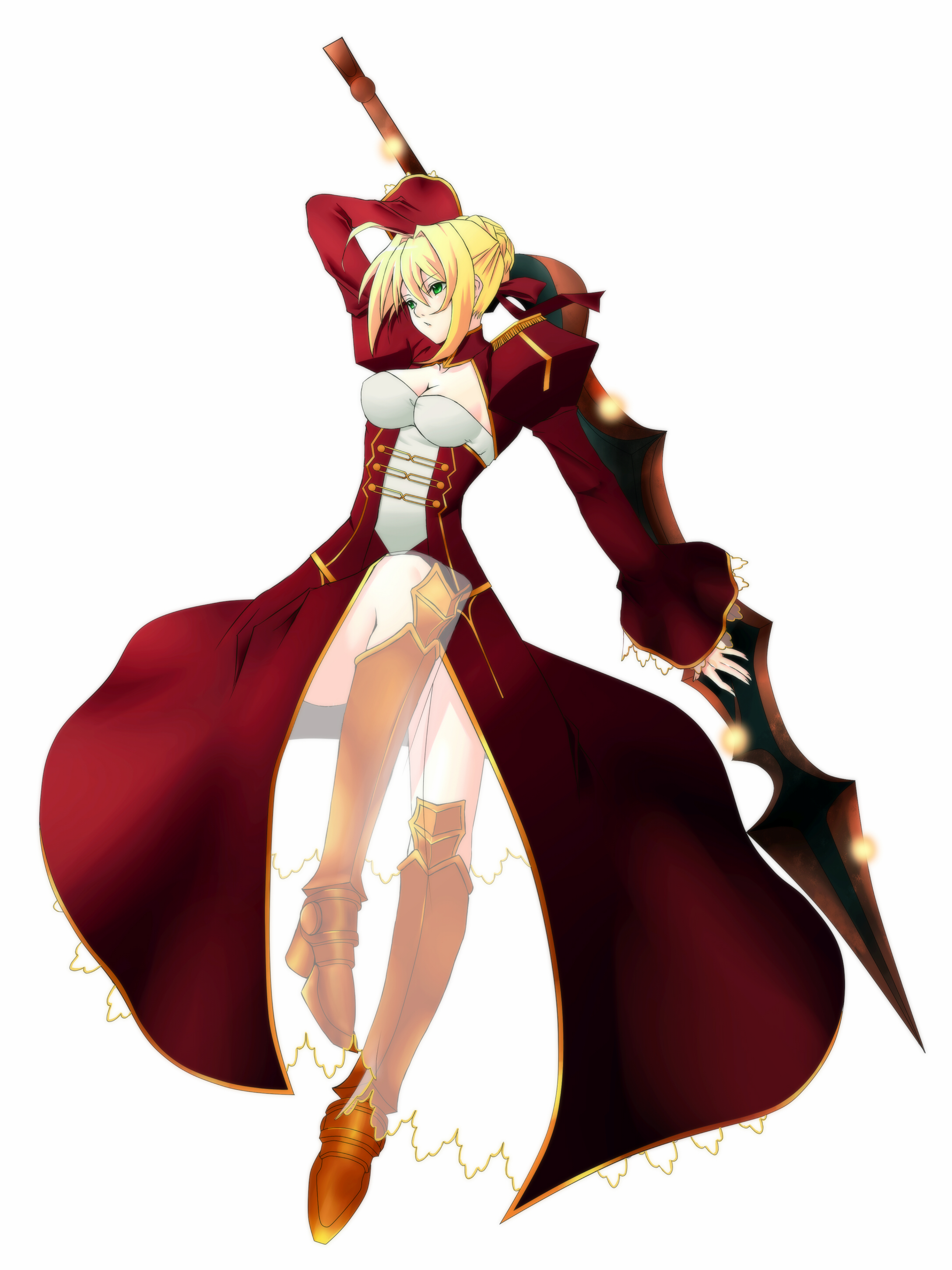 ue-sita, nero claudius (fate), nero claudius (fate/extra), fate/extra, fate/stay night, fate (series), absurdres, bad id, bad pixiv id, highres, 10s, 1girl, aestus estus, ahoge, blonde hair, breasts, cleavage, epaulettes, female focus, full body, green eyes, ribbon, see-through clothes, simple background, solo, weapon, white background