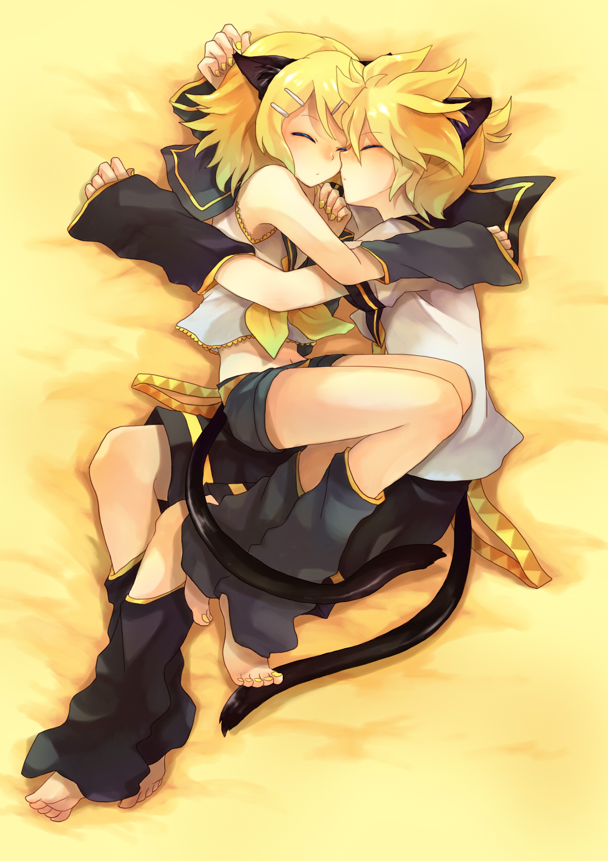 hana (mew), kagamine len, kagamine rin, vocaloid, bad id, bad pixiv id, highres, 1boy, 1girl, animal ears, blonde hair, brother and sister, cat ears, cat tail, closed eyes, hair ornament, hairclip, hetero, hug, incest, short hair, shorts, siblings, sleeping, tail, twins