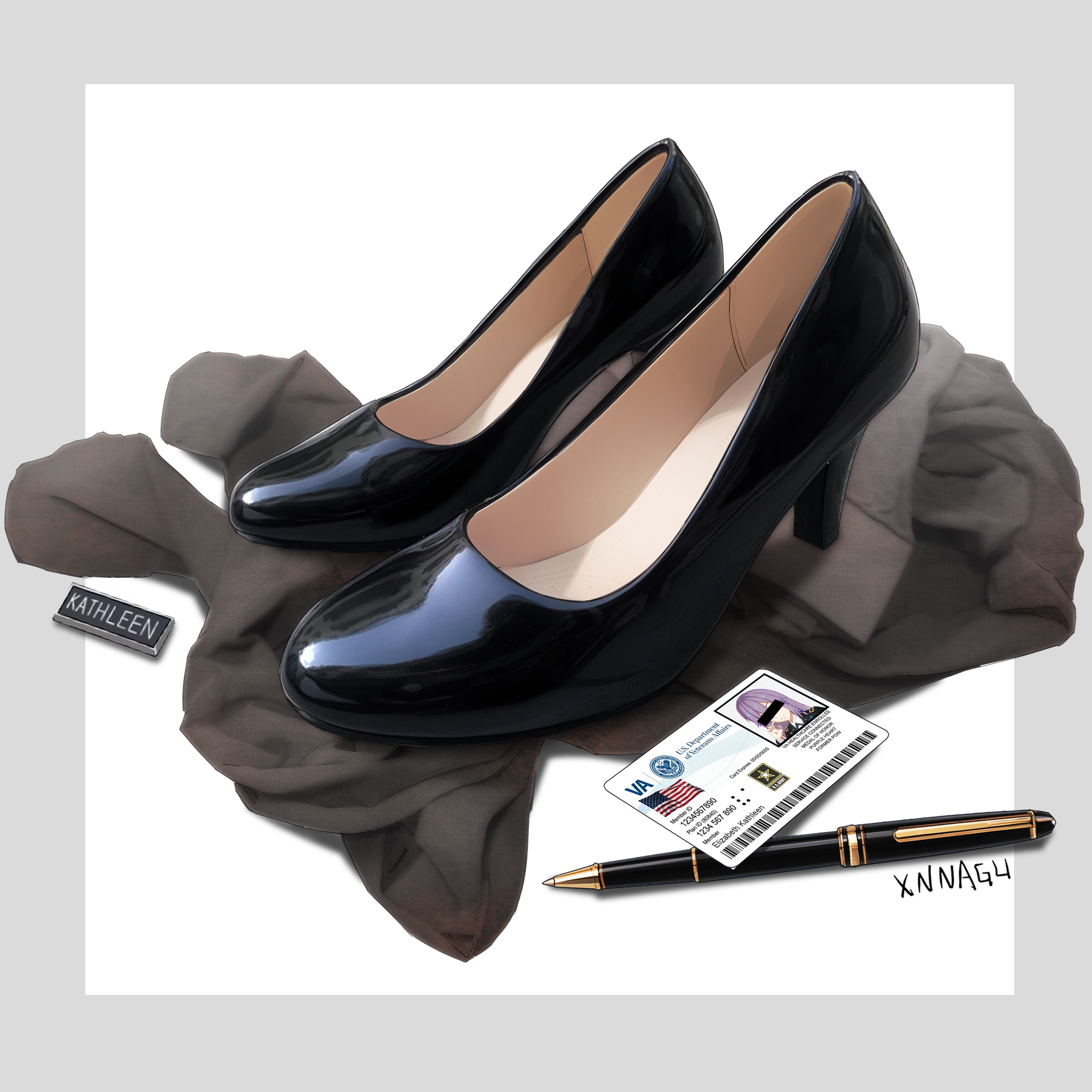 xnnagu, indie virtual youtuber, chinese commentary, commentary request, commission, highres, second-party source, variant set, american flag, artist name, badge, barcode, black pantyhose, black shoes, border, censored, censored identity, character name, elizabeth kathleen, footwear focus, grey border, high heels, id card, military uniform, no humans, object focus, pantyhose, pen, pumps, purple hair, shiny footwear, shoes, simple background, still life, unworn pantyhose, unworn shoes, virtual youtuber, white background