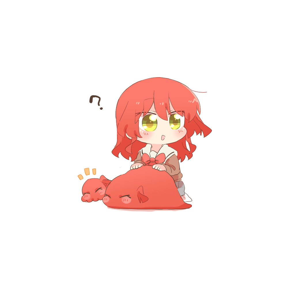 rebecca (keinelove), kita ikuyo, bocchi the rock!, commentary request, 1girl, ?, bow, bowtie, brown shirt, chibi, chibi only, jacket, long hair, long sleeves, octopus, open clothes, open jacket, red bow, red bowtie, red hair, sailor collar, school uniform, serafuku, shirt, simple background, sitting, tsuchinoko, white background, white sailor collar, yellow eyes