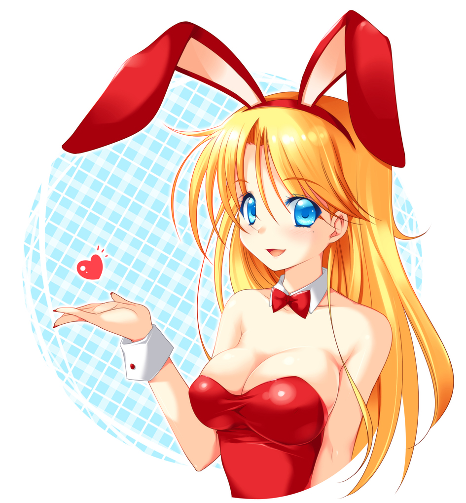 p.kibi, original, bad id, bad pixiv id, 1girl, animal ears, bare shoulders, blonde hair, blue eyes, blush, bow, bowtie, breasts, cleavage, fake animal ears, female focus, happy, heart, large breasts, long hair, mole, open mouth, playboy bunny, rabbit ears, smile, solo, wrist cuffs