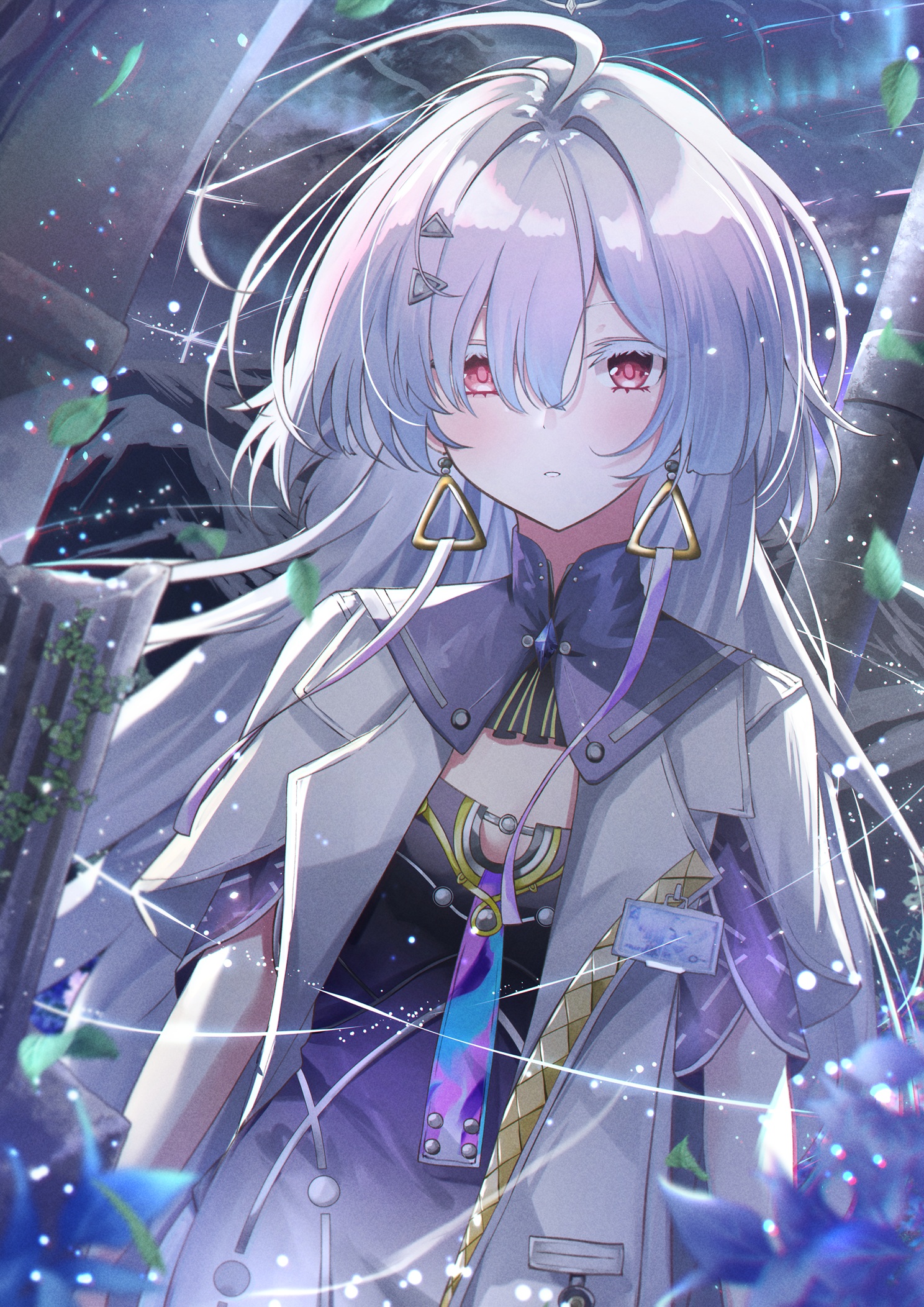 aizawa (aizawatsu), mornye (wuthering waves), wuthering waves, commentary, highres, 1girl, breasts, colored eyelashes, dress, earrings, grey hair, hair intakes, hair ornament, id card, jacket, jewelry, long hair, looking at viewer, parted lips, purple dress, red eyes, small breasts, solo, triangle earrings, upper body, white jacket