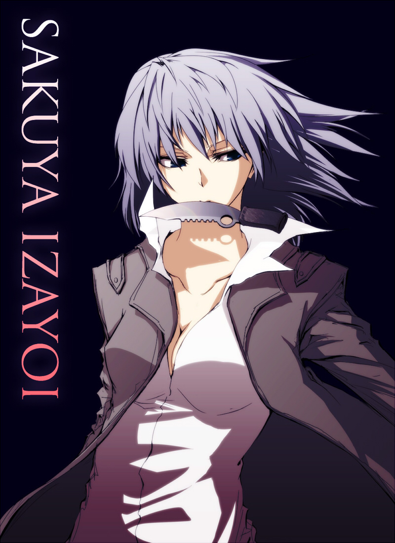 ex hien, izayoi sakuya, touhou, silver hair, bad id, 1girl, alternate costume, blue eyes, breasts, contemporary, female focus, formal clothes, knife, short hair, solo, throwing knife, weapon