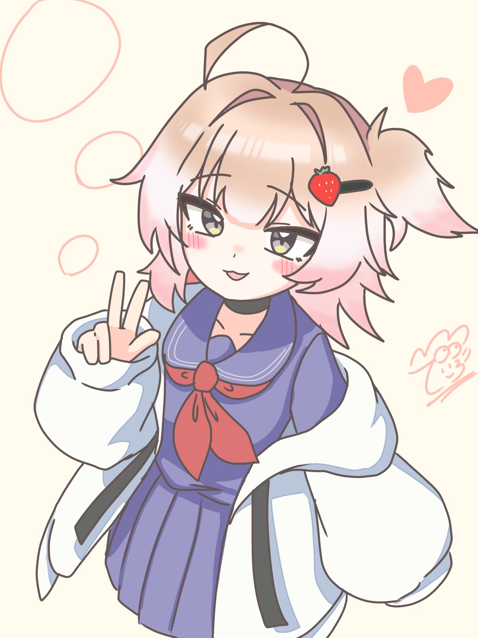 original, commentary request, highres, 1girl, :3, ahoge, arm up, artist logo, black straps, blonde hair, blue collar, blue shirt, blue skirt, blush, borrowed character, circle, collar, derorean1212, double-parted bangs, food-themed hair ornament, grey eyes, hair intakes, hair ornament, hairpin, heart, ichigo (g6rzs ichigo) (character), jacket, logo, long sleeves, looking at viewer, medium hair, multicolored hair, neckerchief, one side up, open mouth, pleated skirt, puffy long sleeves, puffy sleeves, red neckerchief, school uniform, serafuku, shirt, simple background, skirt, sleeves past wrists, smile, solo, strawberry hair ornament, two-tone hair, upper body, w, white hair, white jacket, yellow background