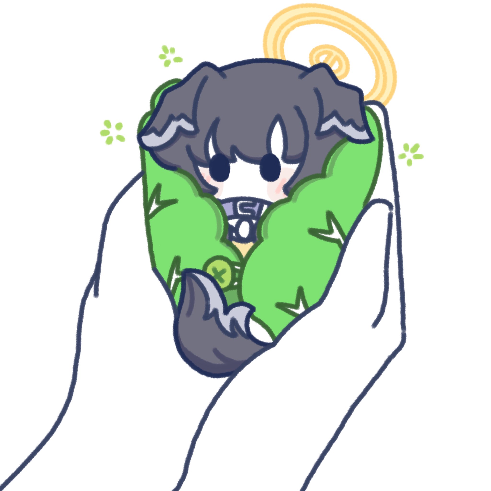 milky cat0618, hibiki (blue archive), blue archive, commentary request, highres, korean commentary, . ., 1girl, 1other, animal ears, black hair, cabbage, dog ears, dog girl, dog tail, halo, holding, mini person, minigirl, tail, yellow halo