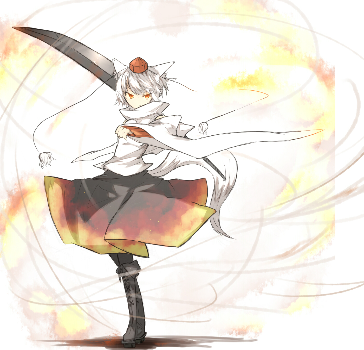 ganesagi, inubashiri momiji, touhou, bad id, bad pixiv id, highres, 1girl, animal ears, boots, female focus, hat, lace-up boots, pantyhose, red eyes, solo, sword, tail, tokin hat, weapon, white hair