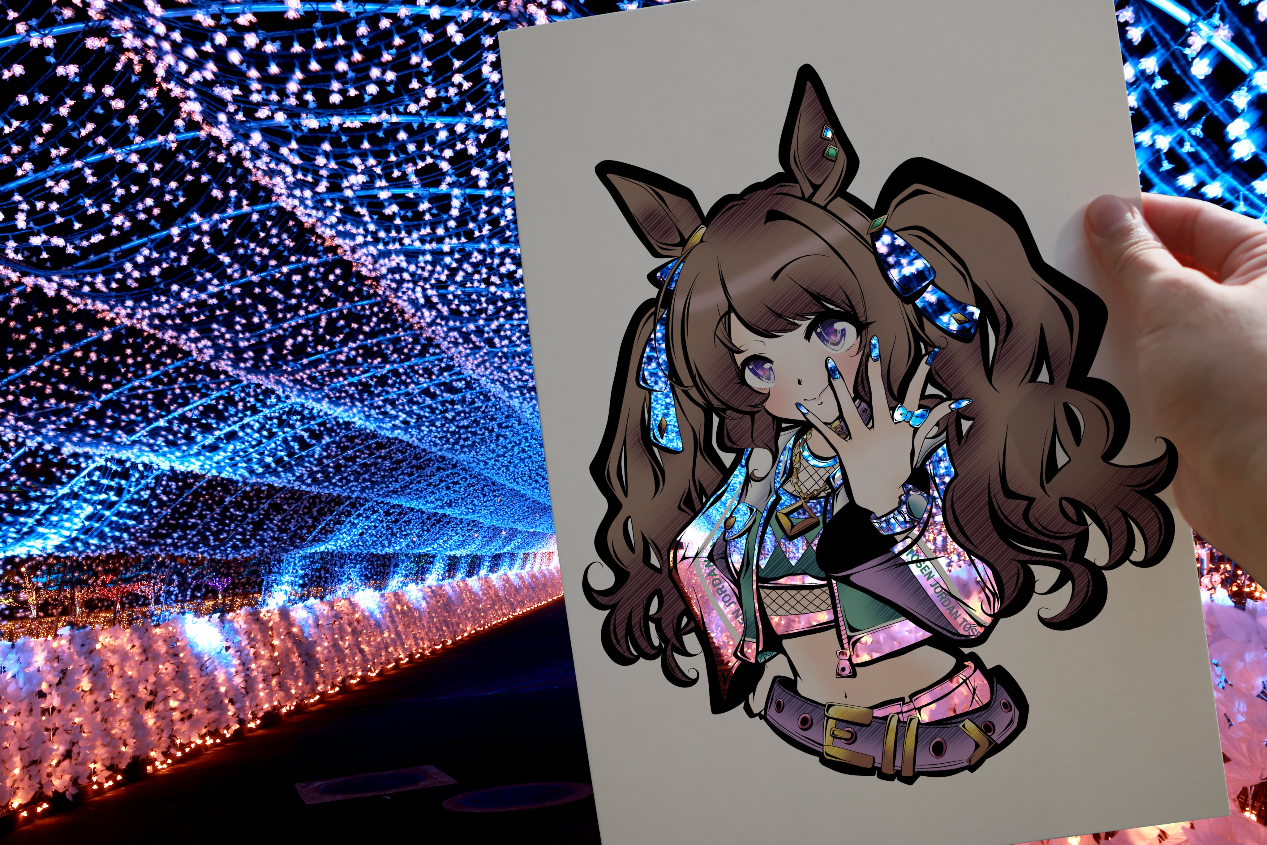 kotetsu of, tosen jordan (umamusume), umamusume, absurdres, commentary, english commentary, highres, kirigami (medium), papercraft (medium), photo (medium), unconventional media, 1girl, animal ears, belt, blush, brown hair, cropped jacket, hand on own hip, long hair, purple eyes, smile, tosen jordan (jokester vibes) (umamusume), twintails, wavy hair