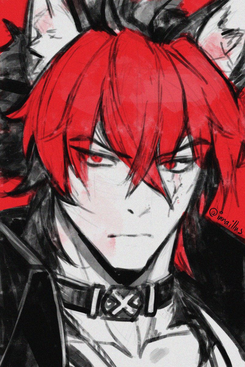 innaillus, komano manato, zenless zone zero, hashtag-only commentary, highres, 1boy, animal ears, black choker, black hair, black jacket, choker, collarbone, dog boy, dog ears, jacket, male focus, multicolored hair, muscular, muscular male, red eyes, red hair, scar, scar on face