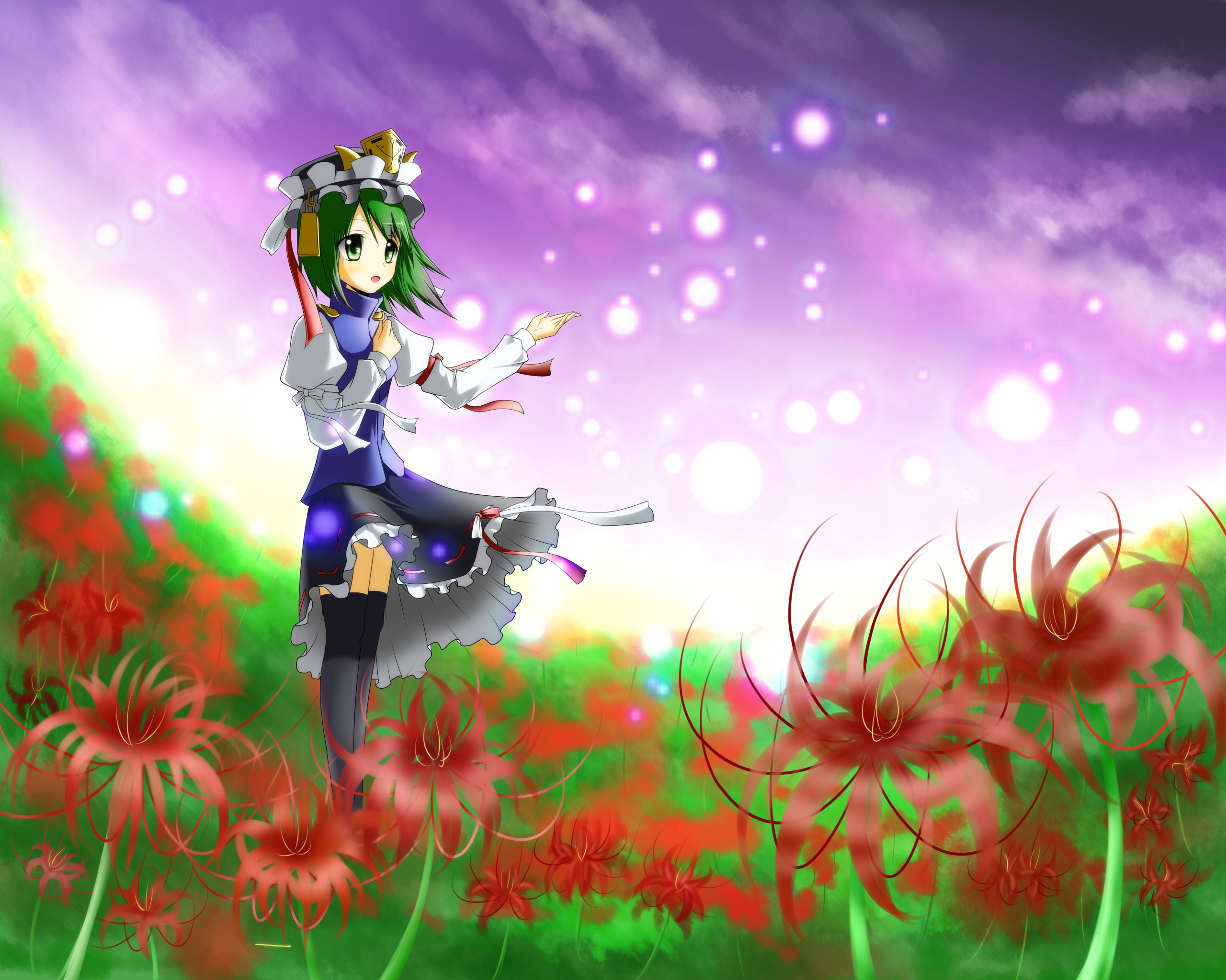 midoriiro no shinzou, shiki eiki, touhou, bad id, bad pixiv id, highres, 1girl, blue eyes, cloud, female focus, flower, green eyes, green hair, hat, outdoors, plant, red flower, short hair, sky, solo, spider lily, standing, thighhighs