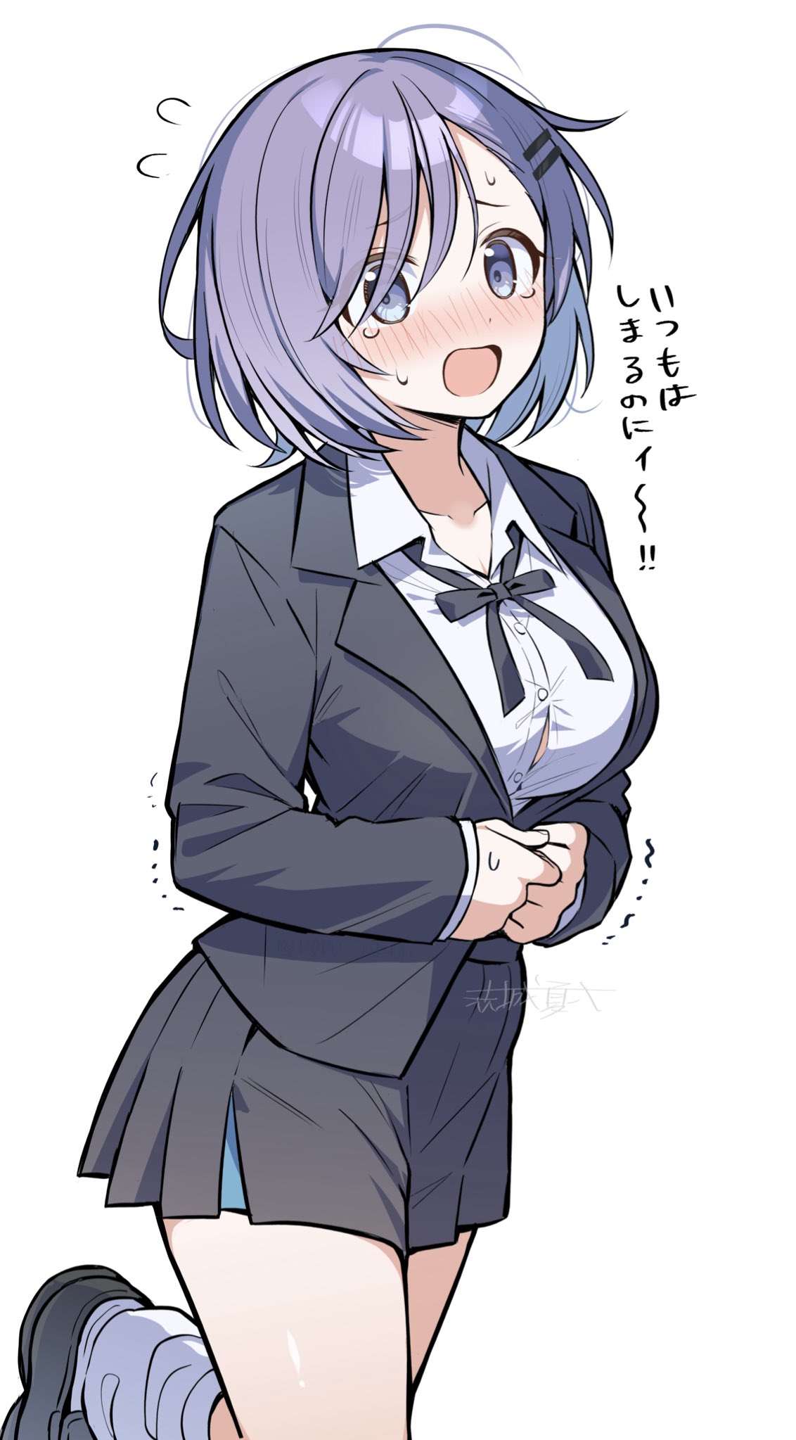 dddd akagi, original, highres, translation request, 1girl, black bow, black bowtie, black jacket, black shoes, black skirt, blue eyes, blush, bow, bowtie, breasts, buttons, collared shirt, cowboy shot, dot nose, hair between eyes, hair ornament, hairclip, jacket, large breasts, layered sleeves, long sleeves, miniskirt, nose blush, open mouth, parallel hairclips, shirt, shoes, simple background, skirt, socks, solo, sweat, tears, trembling, white background, white shirt, white socks