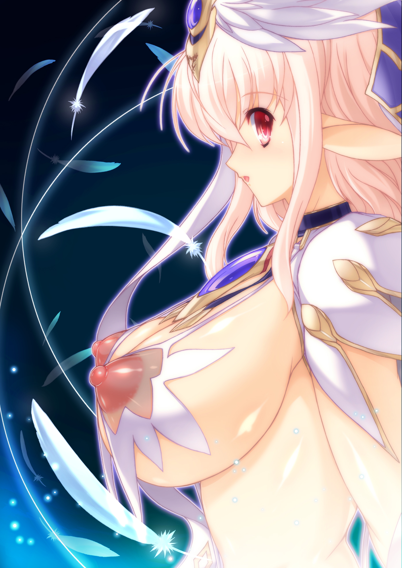ishida hiroyuki, destiny (ishida), original, highres, 1girl, armor, breasts, covered erect nipples, elf, feathers, female focus, huge breasts, huge nipples, long hair, midriff, nipples, open mouth, pink hair, pointy ears, puffy nipples, red eyes, revealing clothes, see-through clothes, sideboob, solo