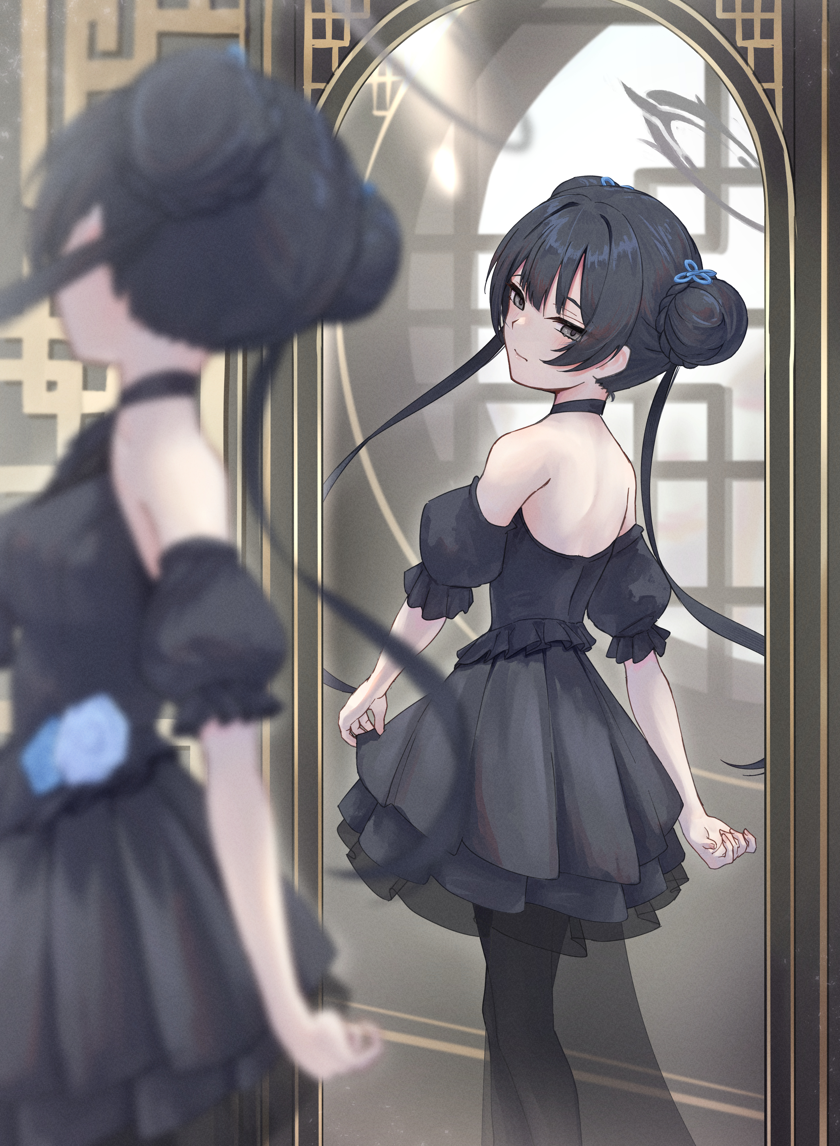 3ni3ni, kisaki (blue archive), kisaki (dress) (blue archive), blue archive, absurdres, commentary, highres, 1girl, architecture, bare shoulders, black dress, black hair, black pantyhose, braid, bun with braided base, detached sleeves, double bun, dress, east asian architecture, grey eyes, grey halo, hair bun, halo, long hair, looking at reflection, mirror, official alternate costume, pantyhose, solo, twintails
