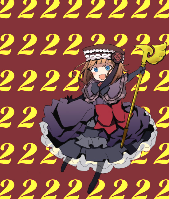 minmoo, eva beatrice, umineko no naku koro ni, bad id, bad pixiv id, 1girl, blue eyes, digits, dress, elbow gloves, female focus, flower, frills, gloves, hat, orange hair, rose, short hair, smile, solo, staff