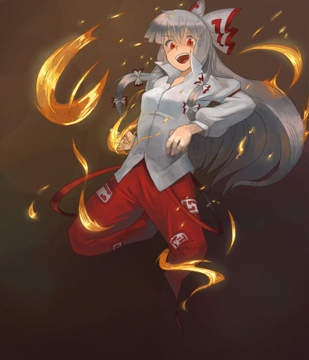 chiro., fujiwara no mokou, touhou, silver hair, bad id, bad pixiv id, 1girl, brown theme, female focus, fire, gradient background, hair ribbon, jumping, long hair, long sleeves, open mouth, pants, red eyes, ribbon, shirt, solo, suspenders, white shirt