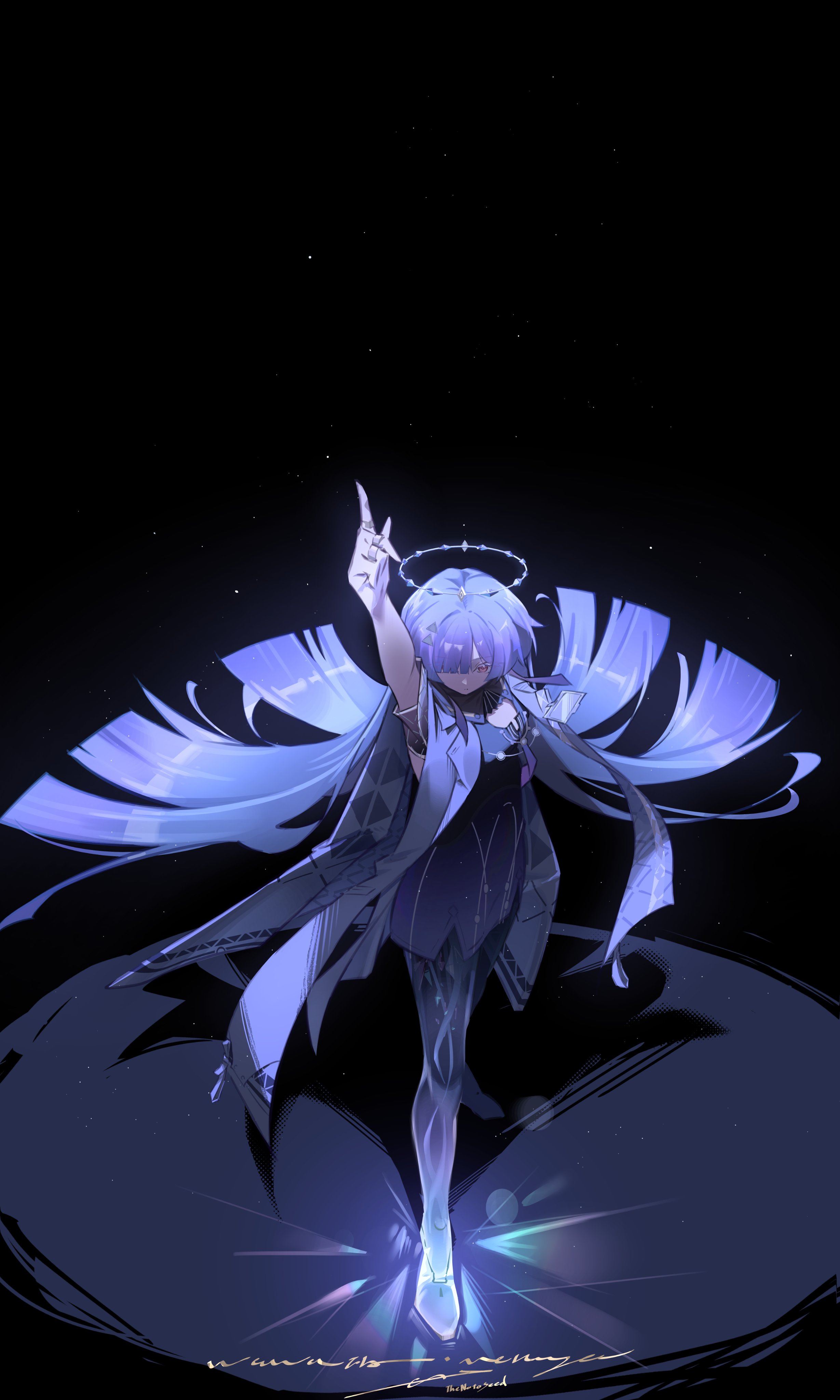 noto (noto 1213), mornye (wuthering waves), wuthering waves, absurdres, commentary request, highres, 1girl, arm up, artist name, breasts, colored eyelashes, dark background, dress, grey hair, hair ornament, hair over one eye, halo, id card, index finger raised, jacket, long hair, purple dress, red eyes, see-through body, signature, small breasts, solo, standing, very long hair, white jacket