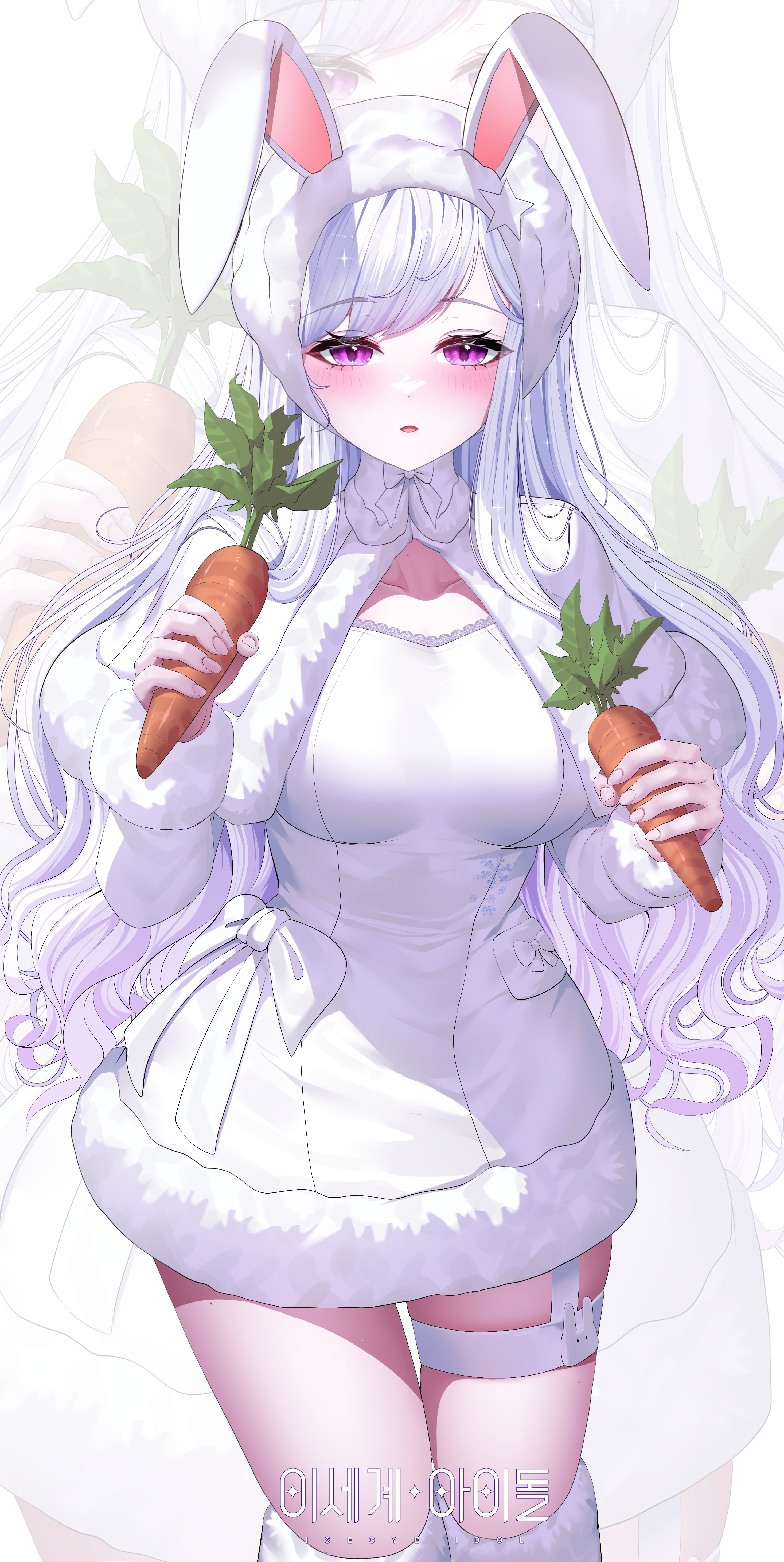 yeon do e, ine (vtuber), waktaverse, absurdres, highres, korean commentary, making-of available, 1girl, animal ears, blush, breasts, capelet, carrot, dress, fake animal ears, food, fur-trimmed capelet, fur-trimmed dress, fur-trimmed sleeves, fur trim, hairband, holding, holding food, large breasts, long hair, long sleeves, looking at viewer, parted lips, purple eyes, rabbit ears, solo, thigh strap, very long hair, virtual youtuber, white background, white capelet, white dress, white hair, white hairband, zoom layer