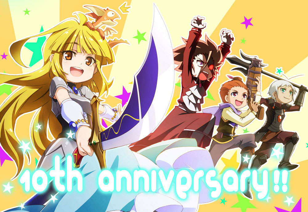 nagai (cwug3874), paan, mikoto (tanken driland), pollon (tanken driland), tanken driland, commentary, 1girl, 3boys, animal, animal on head, anniversary, armor, blonde hair, blunt bangs, brown pants, dragon horns, english text, gloves, green eyes, grey pants, hand warmer, holding, holding polearm, holding sword, holding weapon, horns, jumping, long hair, looking at viewer, multiple boys, on head, open mouth, orange hair, pants, polearm, purple scarf, red eyes, scarf, smile, striped background, sword, wallence, weapon, white gloves, white hair, yellow eyes