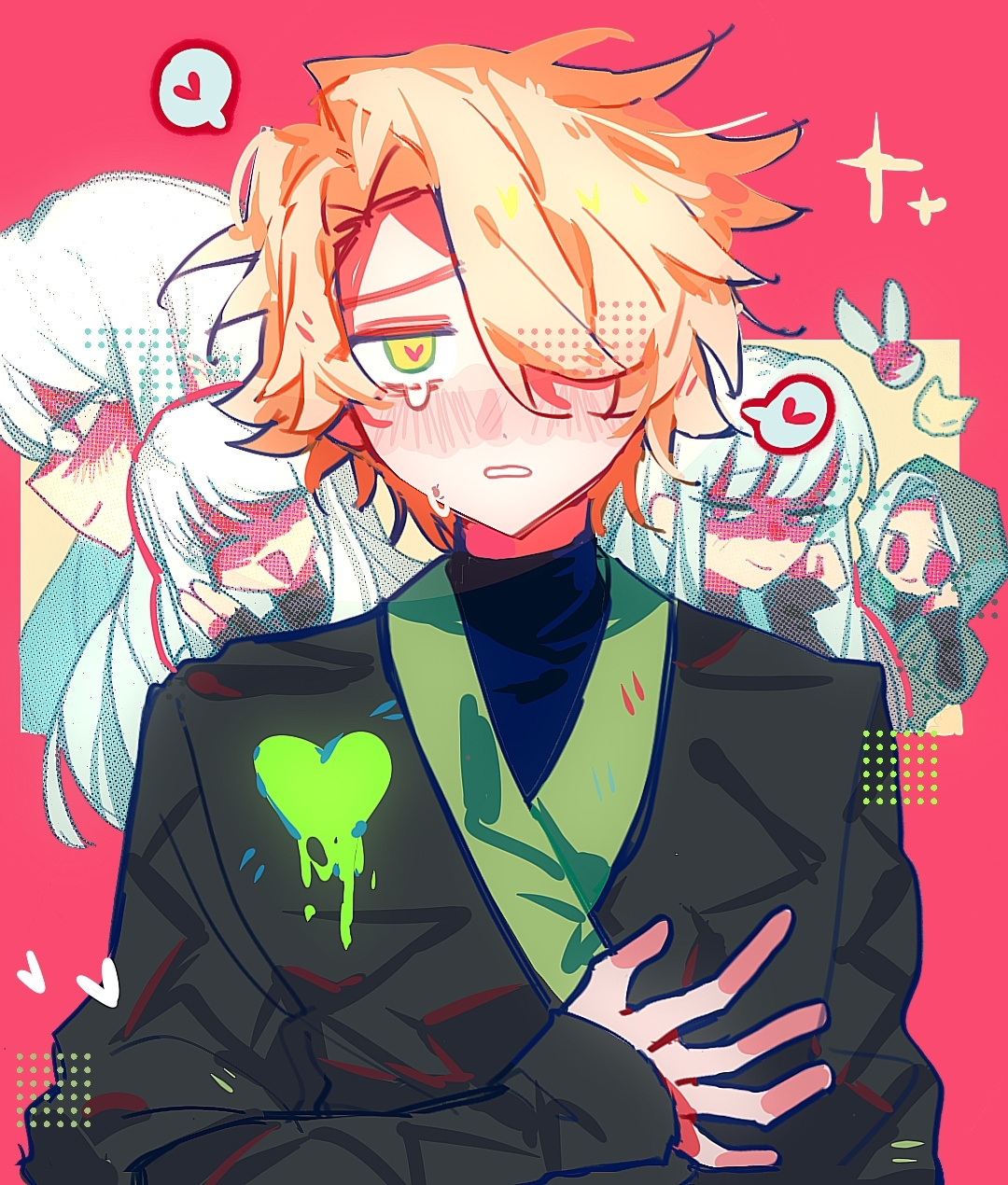 kouen (xinjinjumin9426886), harumi (ninjago), lloyd garmadon, ninjago, the lego group, check commentary, commentary, commentary request, highres, 1boy, 4girls, :d, ^ ^, blush, closed eyes, crying, crying with eyes open, facepaint, green eyes, hair over one eye, hand on own cheek, hand on own chest, hand on own face, heart, heart-shaped pupils, hetero, hood, hood up, long hair, long sleeves, looking at viewer, multiple girls, open mouth, parted lips, pink pupils, short hair, smile, sparkle, spoken heart, symbol-shaped pupils, tears, white hair