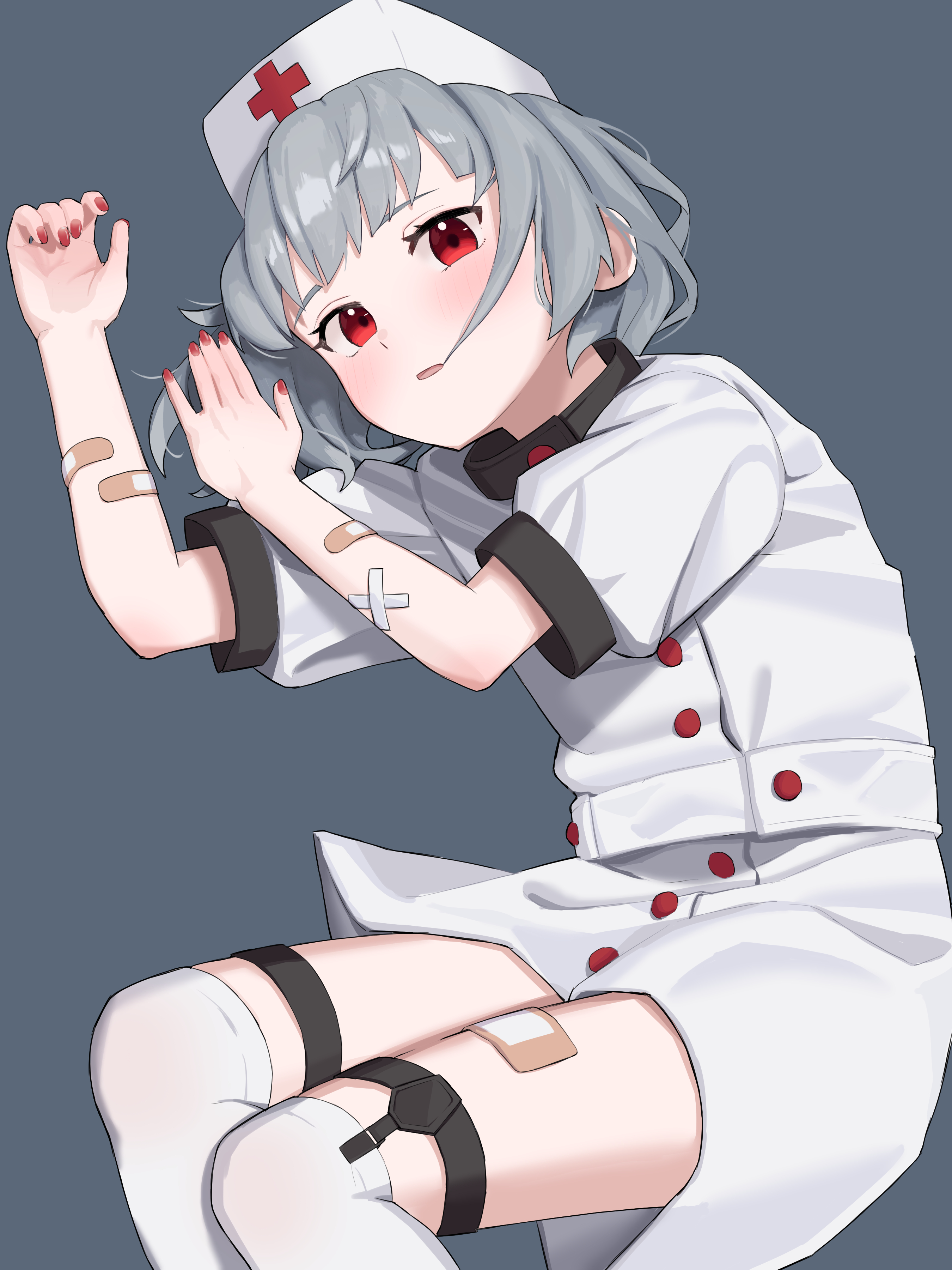 okaki8130, original, absurdres, commentary request, highres, 1girl, bandaid, bandaid on arm, bandaid on leg, blush, cross, cross print, grey background, grey hair, hat, looking at viewer, lying, nurse, nurse cap, on side, open mouth, red eyes, red nails, simple background, solo, thighhighs, white hat, white thighhighs