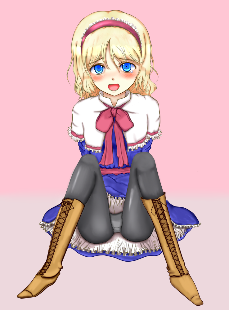 alice margatroid, touhou, 1girl, blonde hair, blue eyes, dress, female focus, full body, hairband, panties, pantyhose, solo, underwear