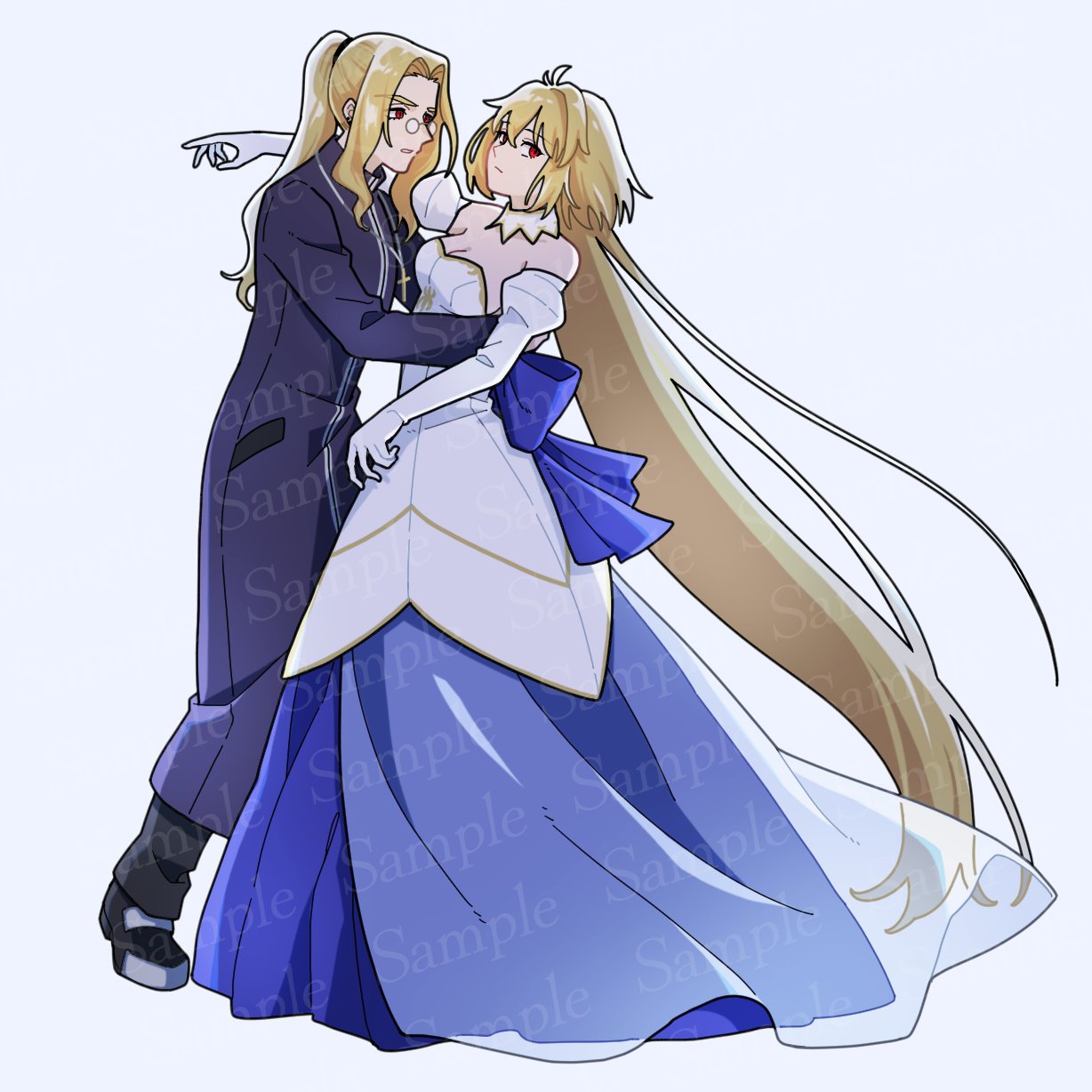 hashikko69, archetype earth, arcueid brunestud, michael roa valdamjong, michael roa valdamjong (human), tsukihime, tsukihime (remake), commentary request, highres, 1boy, 1girl, ahoge, arm around shoulder, bare shoulders, blonde hair, blue bow, blue skirt, bow, breasts, cleavage, curtained hair, dancing, detached sleeves, dress, dress bow, floating clothes, floating hair, glasses, gold trim, hair intakes, hand around waist, jewelry, long hair, long skirt, necklace, ponytail, priest, red eyes, sample watermark, skirt, tunic, very long hair, watermark, wavy hair, white dress