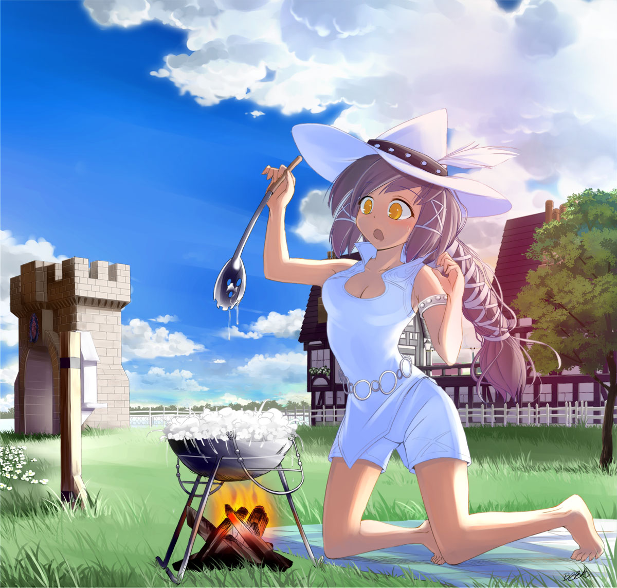 beek, player character (mabinogi), mabinogi, 1girl, barefoot, cloud, cooking, day, feet, female focus, grey hair, hat, kneeling, ladle, legs, long hair, ponytail, shorts, sky, solo, spoon, toes, yellow eyes