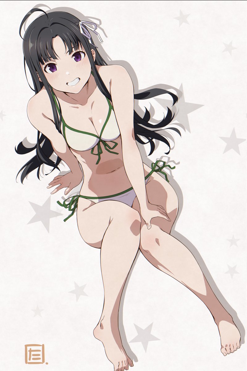 puge, awa subaru, girls band cry, commentary, highres, 1girl, bikini, black hair, breasts, cleavage, hair ribbon, long hair, looking at viewer, medium breasts, navel, open mouth, purple eyes, ribbon, simple background, solo, stomach, swimsuit, white background, white bikini, white ribbon