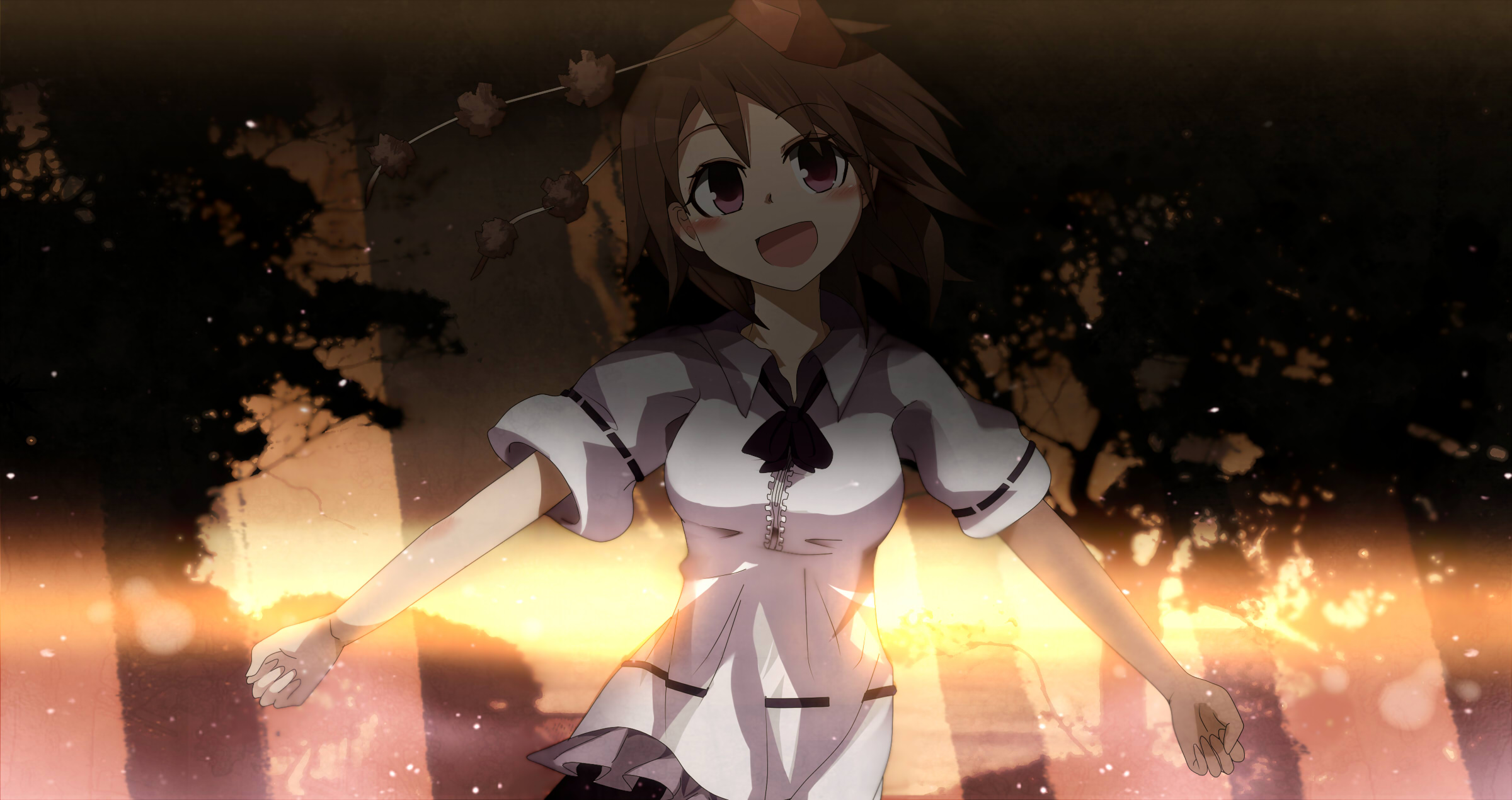 yoshioka yoshiko, shameimaru aya, touhou, highres, 1girl, blush, female focus, happy, head tilt, open mouth, smile, solo