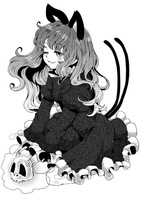 kakao (chocolate land), okoge senbei, kaenbyou rin, touhou, 1girl, :3, alternate hairstyle, animal ears, cat ears, cat girl, cat tail, extra ears, female focus, greyscale, long hair, monochrome, multiple tails, pointy ears, skull, solo, tail, wavy hair