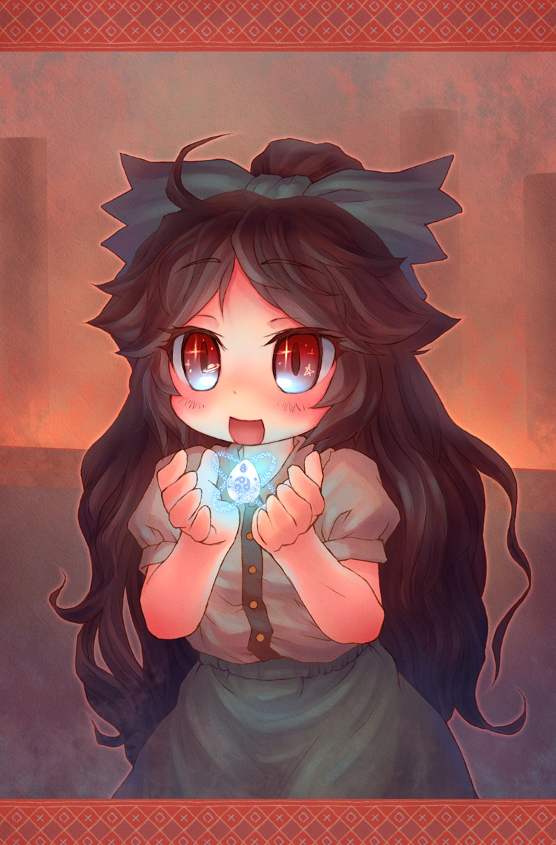sankuma, reiuji utsuho, touhou, highres, 1girl, bow, brown hair, egg, female focus, glowing, hair bow, long hair, magic circle, open mouth, outstretched hand, red eyes, runes, smile, solo