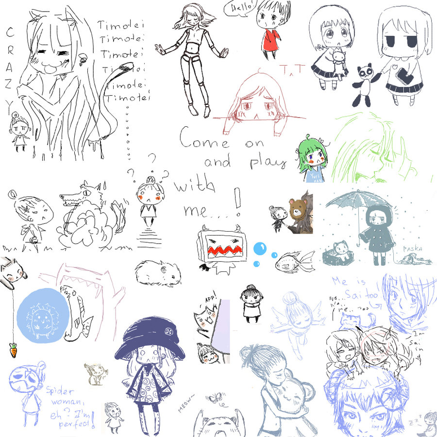 hiiragi, hiiragi (hanamaru youchien), izumi konata, koume (hanamaru youchien), hanamaru youchien, lucky star, angel, animal ears, bear, box, bug, butterfly, cat, cat ears, cat tail, collage, computer, doll, elf, fish, hamster, hat, hedgehog, horns, impending sky, insect, loli, pointy ears, rain, sketch, stuffed animal, stuffed toy, tail, teddy bear, umbrella, wolf