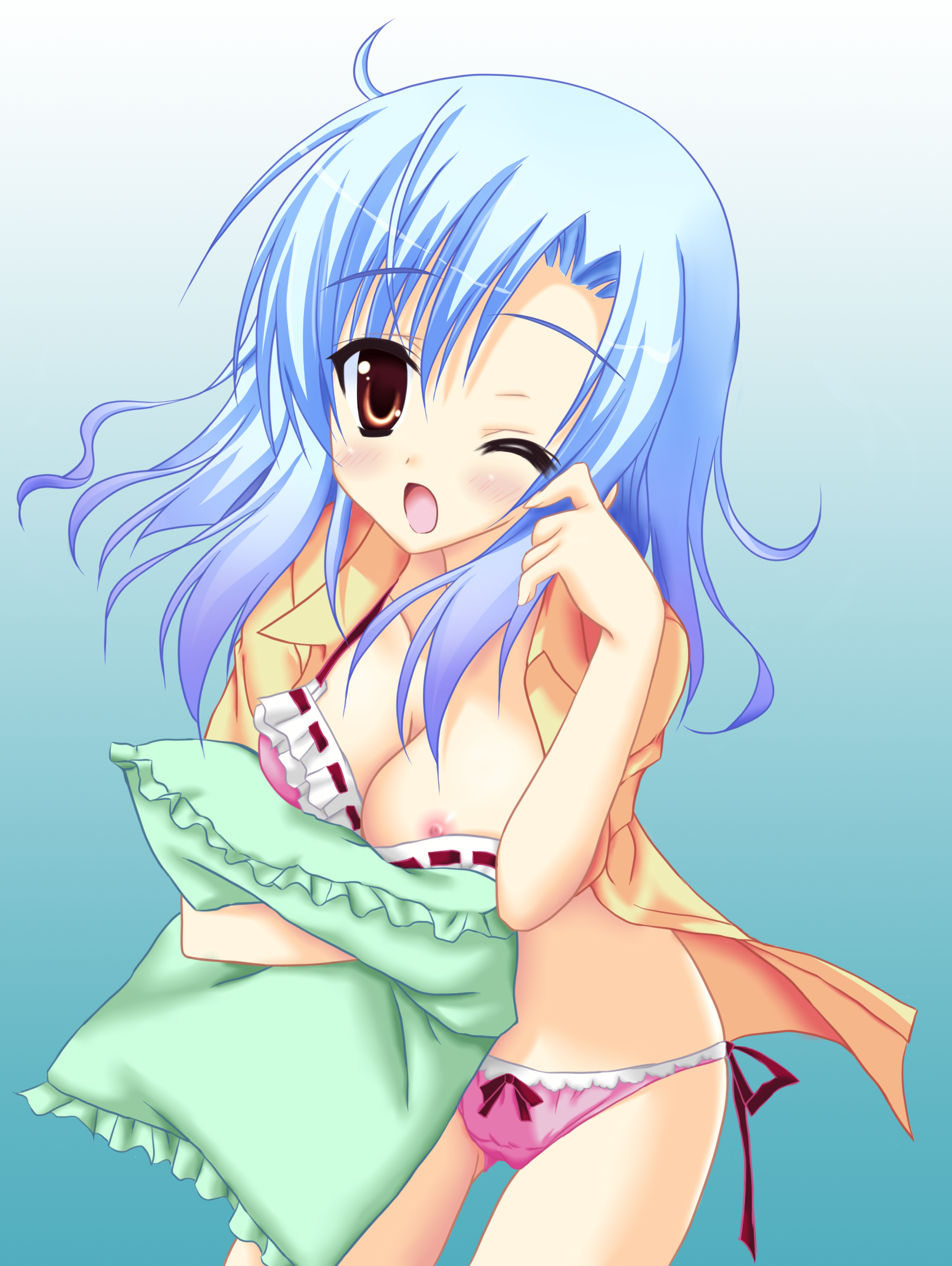 moribe (rabumanyo), ooba nene, natsu yume nagisa, highres, 1girl, blue hair, blush, bow, bow panties, bra, breasts, brown eyes, downblouse, female focus, lingerie, medium breasts, nipple slip, nipples, one eye closed, open clothes, open shirt, panties, pillow, pink bra, pink panties, shirt, short hair, side-tie panties, sleepy, solo, underwear, wink