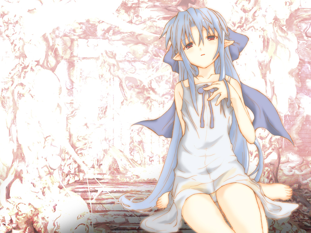 tententensan, len (tsukihime), saya (saya no uta), saya no uta, tsukihime, 1girl, blue hair, chemise, female focus, hair ribbon, long hair, parody, pointy ears, red eyes, ribbon, solo, very long hair