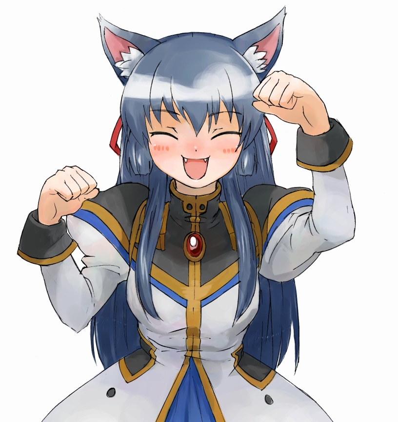 nyama, karasuma chitose, galaxy angel, bad id, bad pixiv id, 00s, 1girl, animal ears, blue hair, blush, cat ears, closed eyes, fangs, female focus, happy, long hair, military, military uniform, paw pose, puffy sleeves, simple background, smile, solo, white background